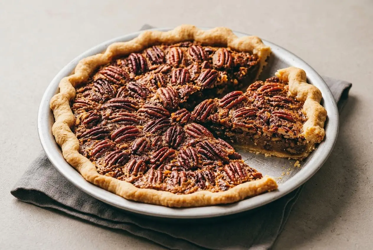 Tarte aux noix de pécan dorée au sirop d'érable avec cerneaux entiers caramélisés et pâte croustillante