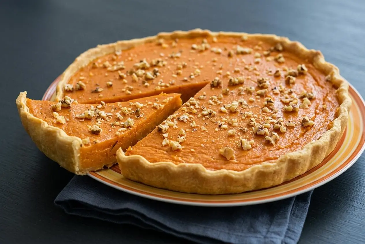 Tarte sucrée au potimarron entière à la pâte dorée et garniture fondante parsemée de brisures de noix