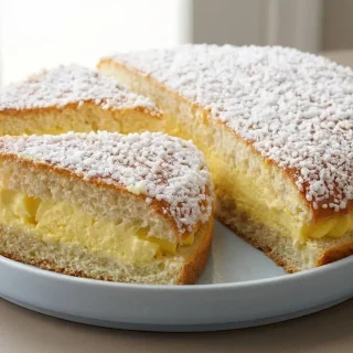 Tarte tropezienne dorée garnie d'une crème onctueuse et parsemée de grains de sucre perlé croquant.