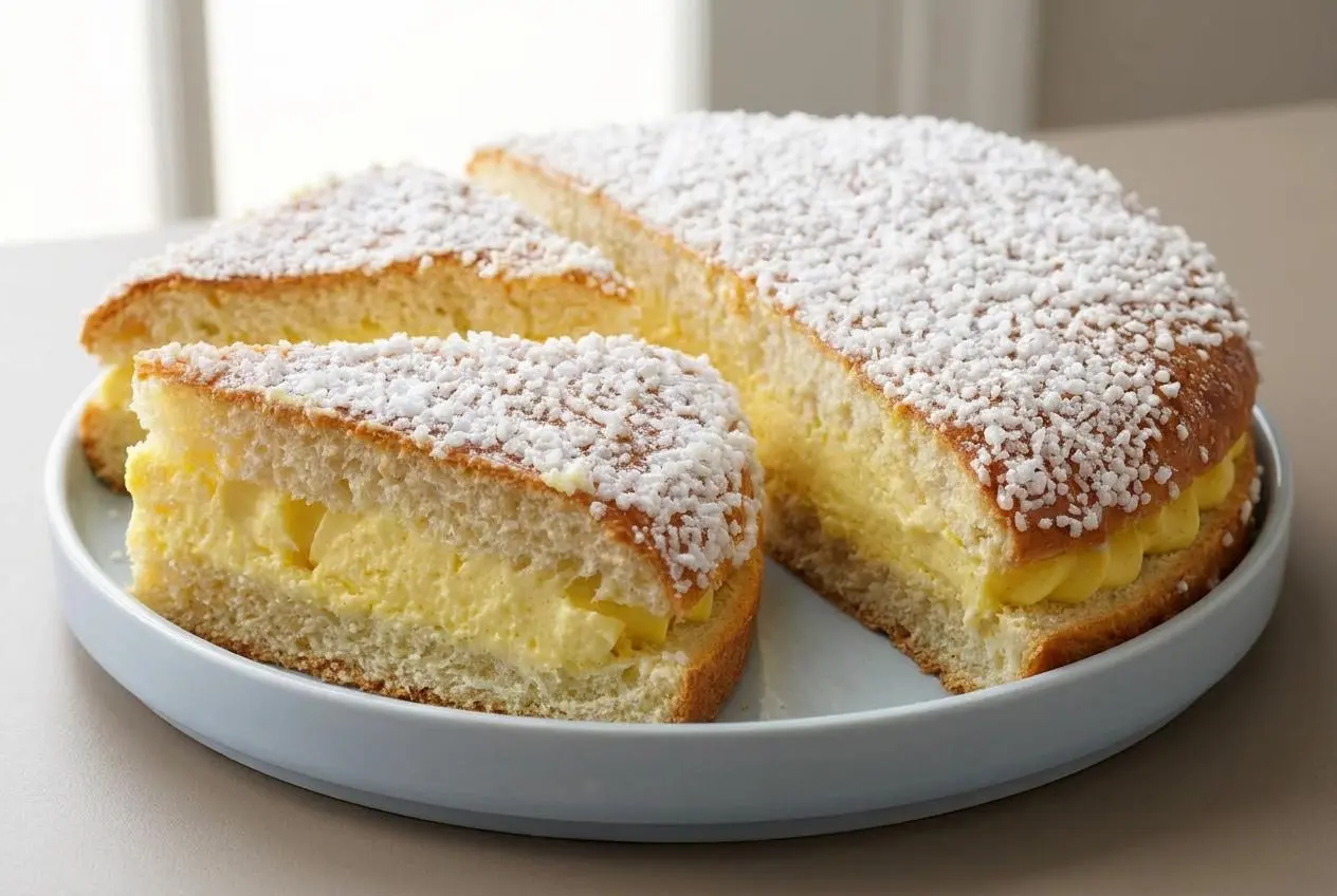 Tarte tropezienne dorée garnie d'une crème onctueuse et parsemée de grains de sucre perlé croquant.